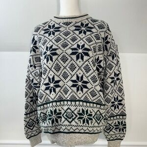 RS1 Nordic Fair Isle Coquette Cable Knit Fisher Snowflake Sweater Oatmeal Navy M